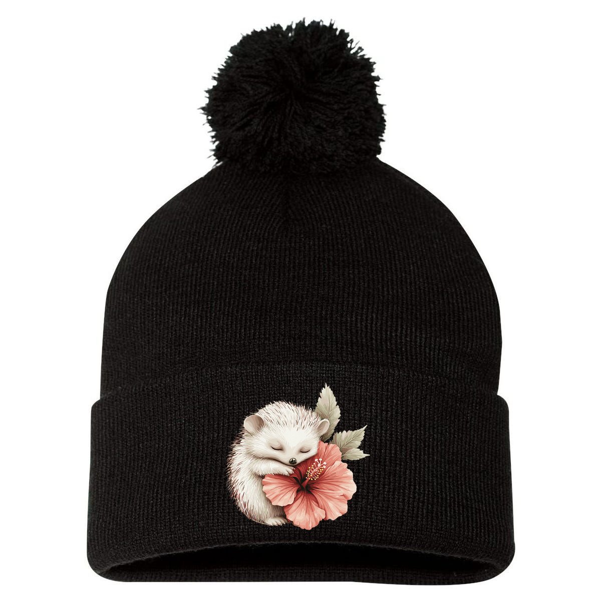 Cute Hedgehog Sleeping Hugging Flower Pom Pom 12in Knit Beanie