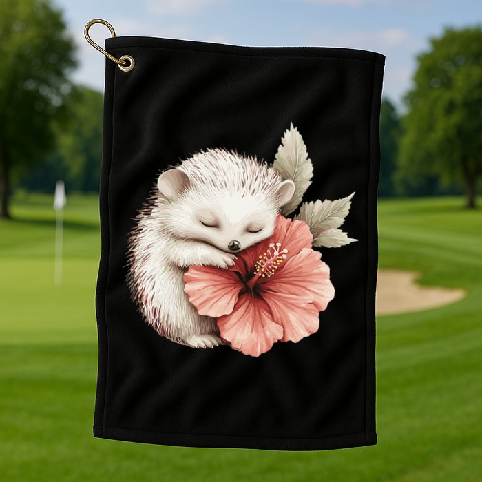 Cute Hedgehog Sleeping Hugging Flower Golf Towel