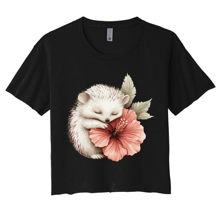 Cute Hedgehog Sleeping Hugging Flower Women's Crop Top Tee