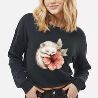 Cute Hedgehog Sleeping Hugging Flower Cropped Pullover Crew