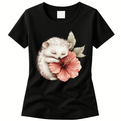 Cute Hedgehog Sleeping Hugging Flower Womens T-Shirt