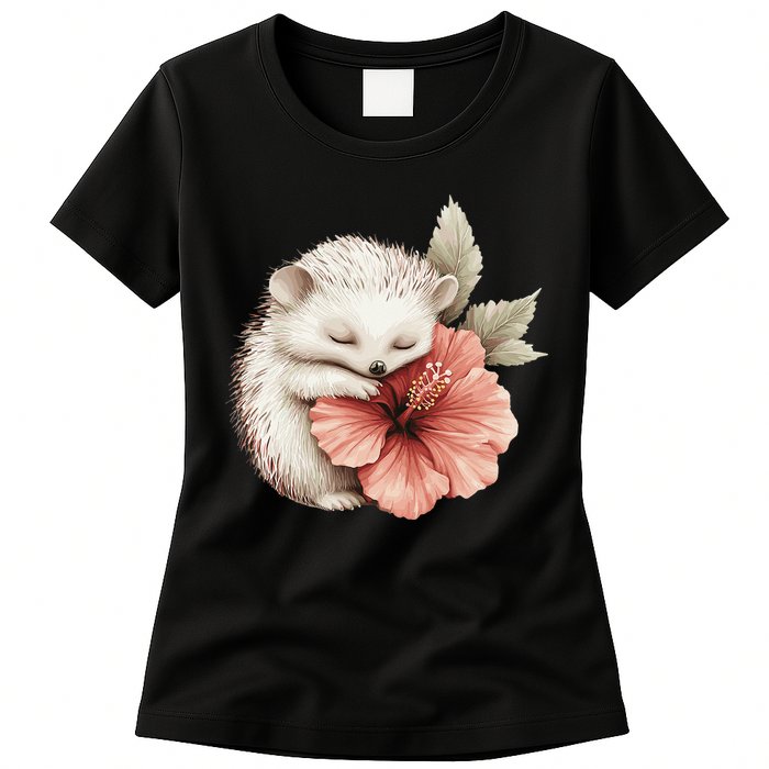 Cute Hedgehog Sleeping Hugging Flower Womens T-Shirt