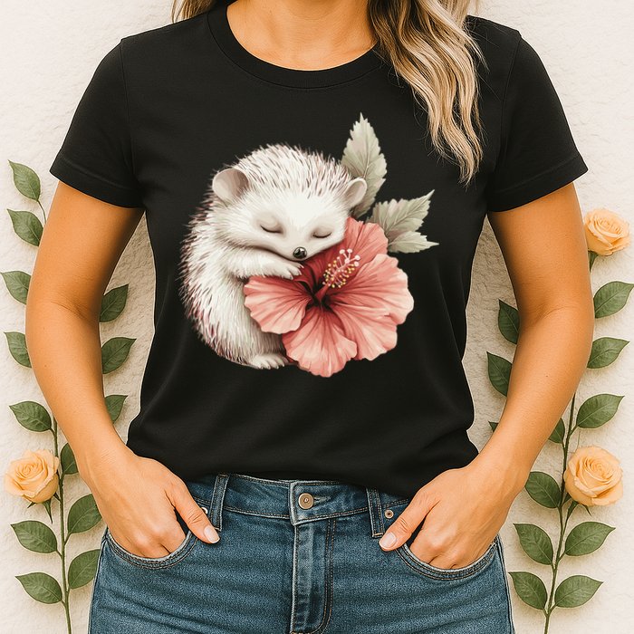 Cute Hedgehog Sleeping Hugging Flower Womens T-Shirt