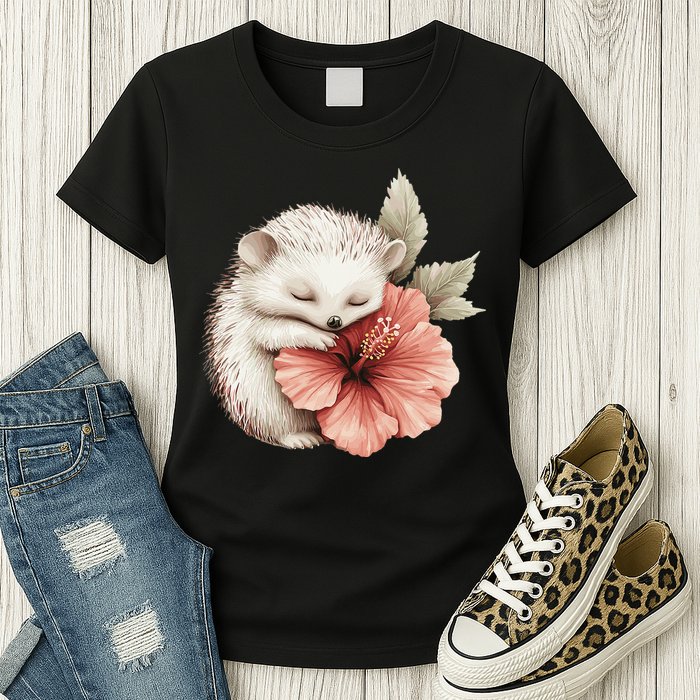 Cute Hedgehog Sleeping Hugging Flower Womens T-Shirt