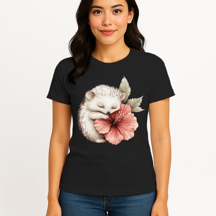 Cute Hedgehog Sleeping Hugging Flower Womens T-Shirt