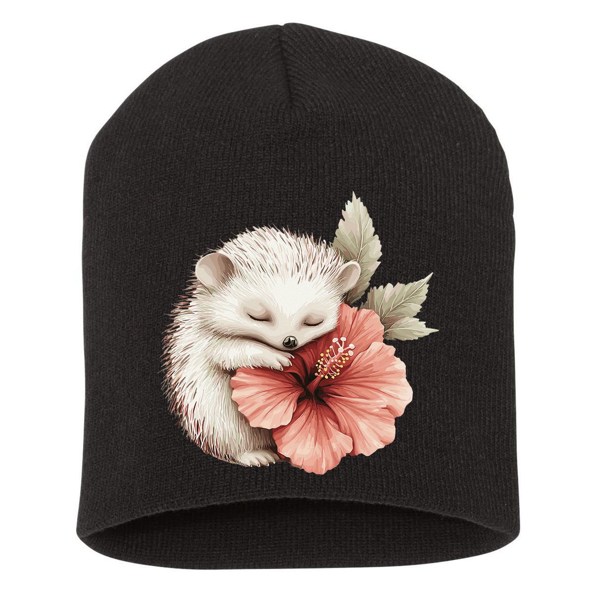 Cute Hedgehog Sleeping Hugging Flower Short Acrylic Beanie
