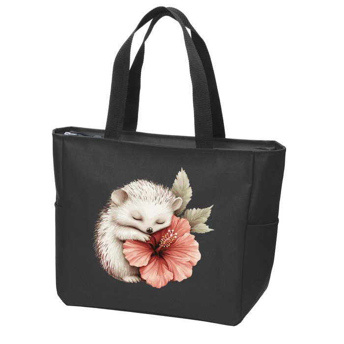 Cute Hedgehog Sleeping Hugging Flower Zip Tote Bag
