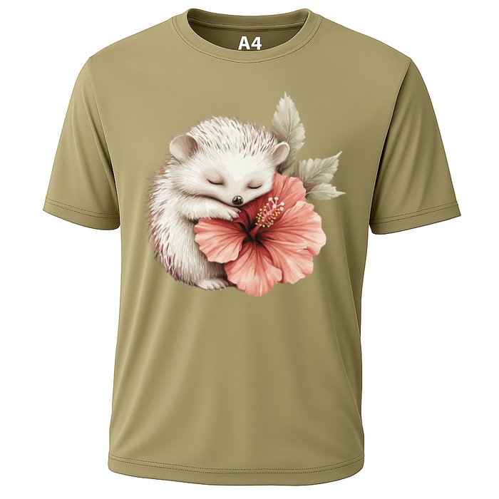 Cute Hedgehog Sleeping Hugging Flower Cooling Performance Crew T-Shirt
