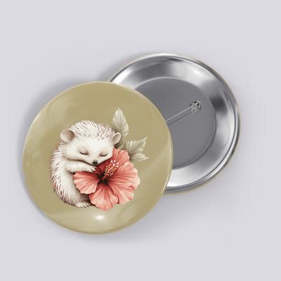 Cute Hedgehog Sleeping Hugging Flower Button