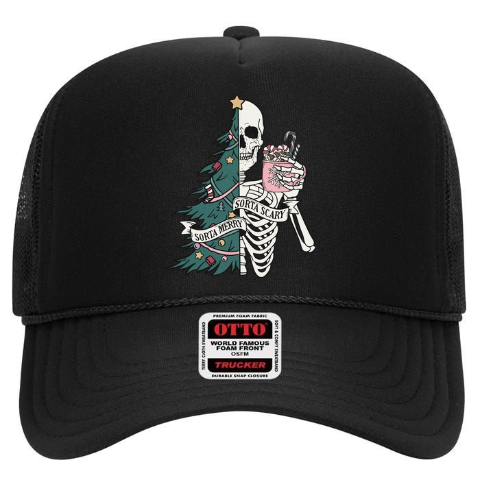 Christmas Horror Skeleton Sorta Merry Scary Dark Humor High Crown Mesh Back Trucker Hat