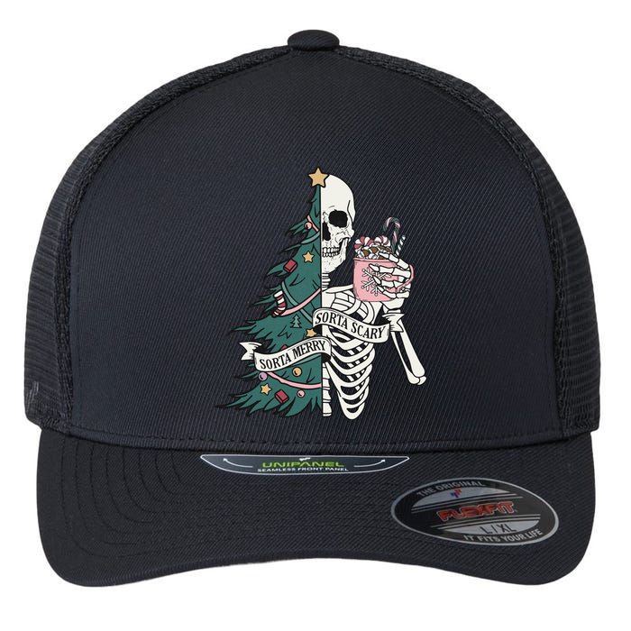 Christmas Horror Skeleton Sorta Merry Scary Dark Humor Flexfit Unipanel Trucker Cap