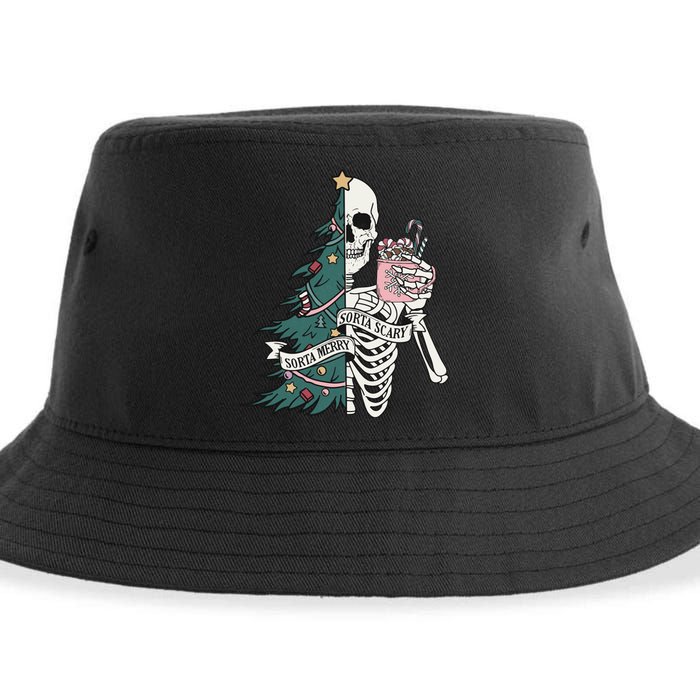 Christmas Horror Skeleton Sorta Merry Scary Dark Humor Sustainable Bucket Hat