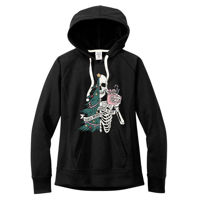 Christmas Horror Skeleton Sorta Merry Scary Dark Humor Women's Fleece Hoodie