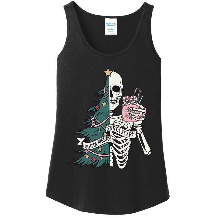 Christmas Horror Skeleton Sorta Merry Scary Dark Humor Ladies Essential Tank