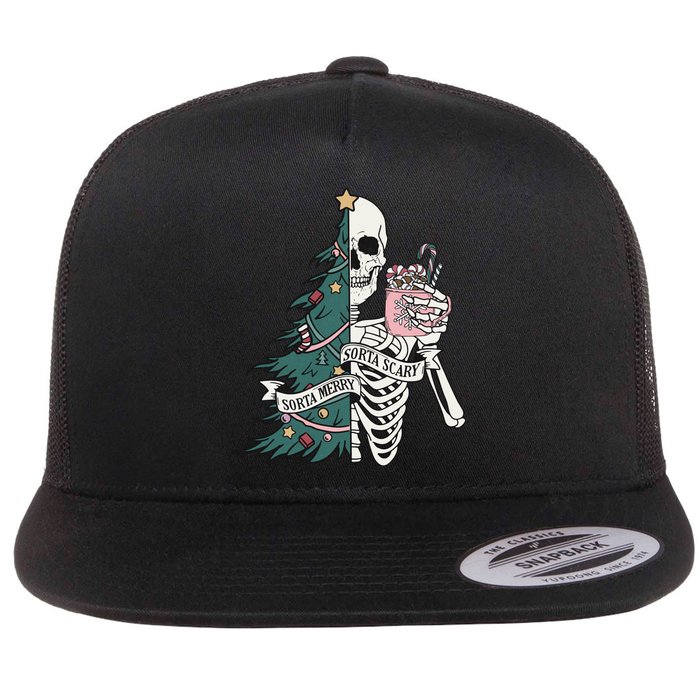 Christmas Horror Skeleton Sorta Merry Scary Dark Humor Flat Bill Trucker Hat