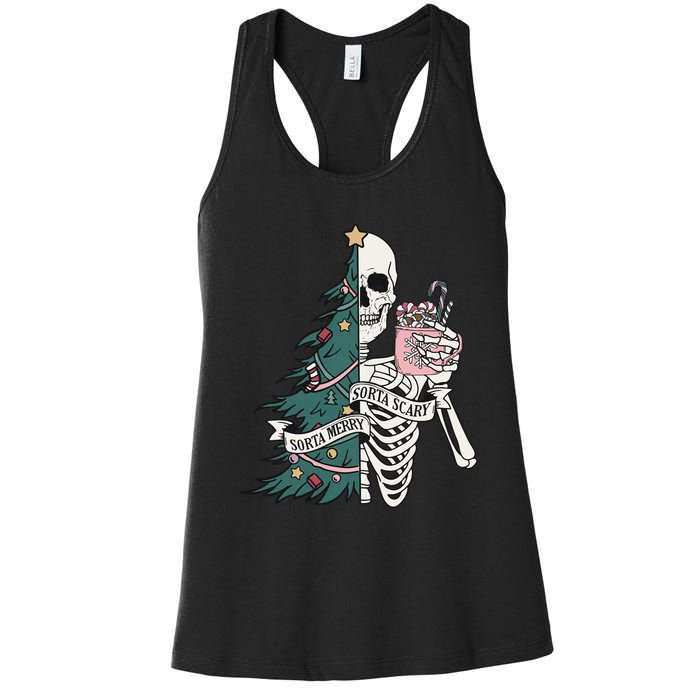 Christmas Horror Skeleton Sorta Merry Scary Dark Humor Women's Racerback Tank