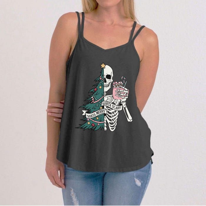 Christmas Horror Skeleton Sorta Merry Scary Dark Humor Women's Strappy Tank