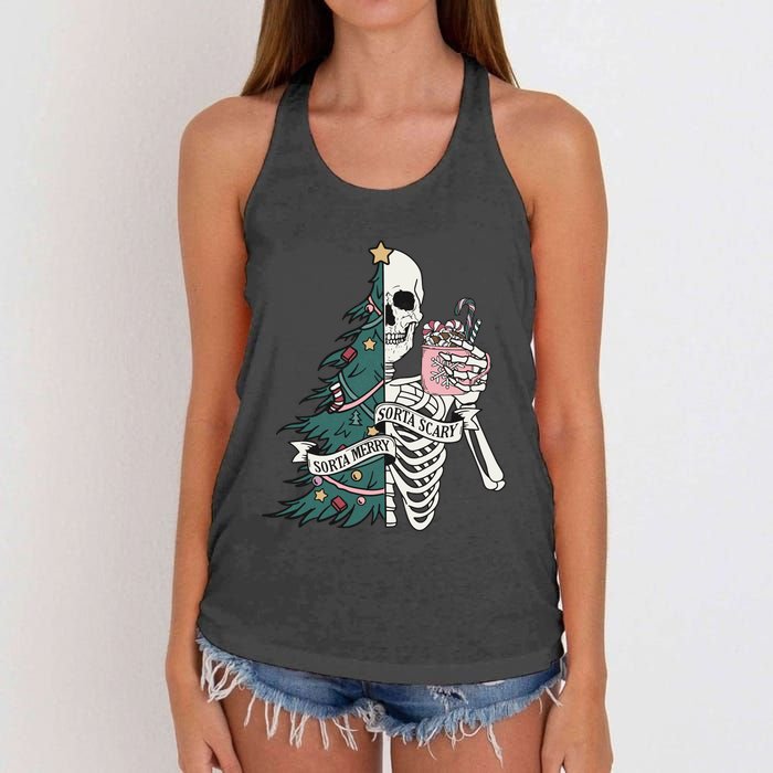 Christmas Horror Skeleton Sorta Merry Scary Dark Humor Women's Knotted Racerback Tank