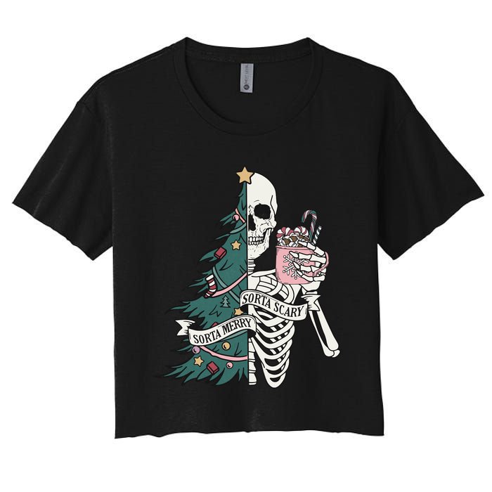 Christmas Horror Skeleton Sorta Merry Scary Dark Humor Women's Crop Top Tee