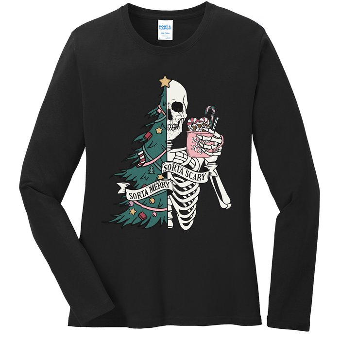 Christmas Horror Skeleton Sorta Merry Scary Dark Humor Ladies Long Sleeve Shirt