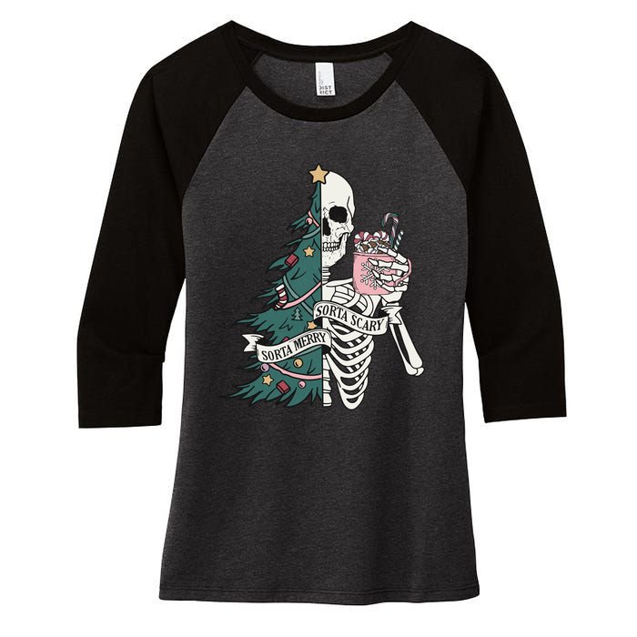 Christmas Horror Skeleton Sorta Merry Scary Dark Humor Women's Tri-Blend 3/4-Sleeve Raglan Shirt