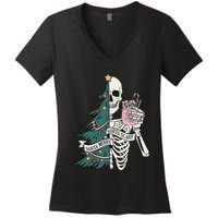 Christmas Horror Skeleton Sorta Merry Scary Dark Humor Women's V-Neck T-Shirt