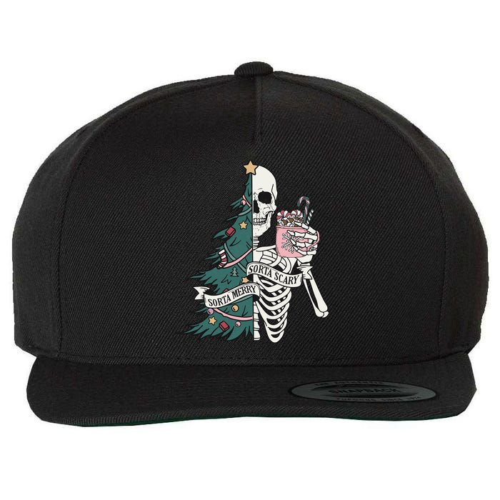 Christmas Horror Skeleton Sorta Merry Scary Dark Humor Wool Snapback Cap