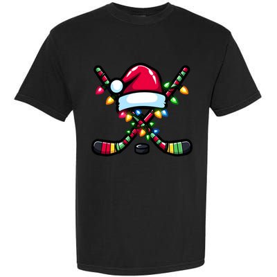 Christmas Hockey Sticks Santa Hat And Xmas Lights Pajama Cool Gift Garment-Dyed Heavyweight T-Shirt