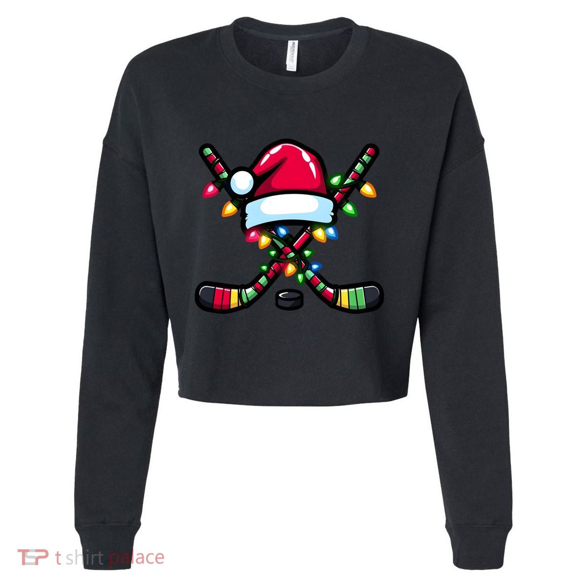Christmas Hockey Sticks Santa Hat And Xmas Lights Pajama Cool Gift Cropped Pullover Crew