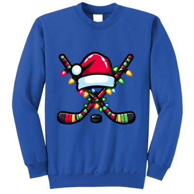 Christmas Hockey Sticks Santa Hat And Xmas Lights Pajama Cool Gift Sweatshirt