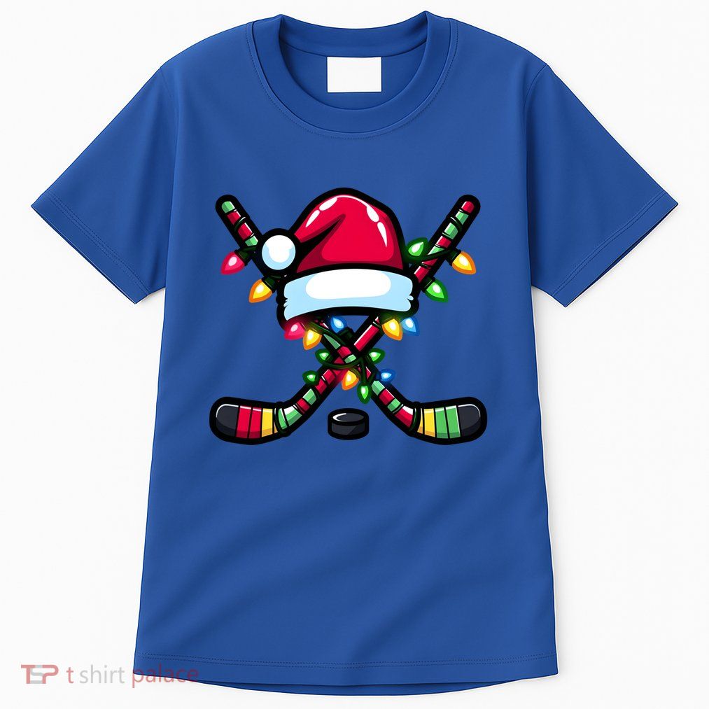 Christmas Hockey Sticks Santa Hat And Xmas Lights Pajama Cool Gift Tall T-Shirt