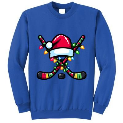 Christmas Hockey Sticks Santa Hat And Xmas Lights Pajama Cool Gift Tall Sweatshirt