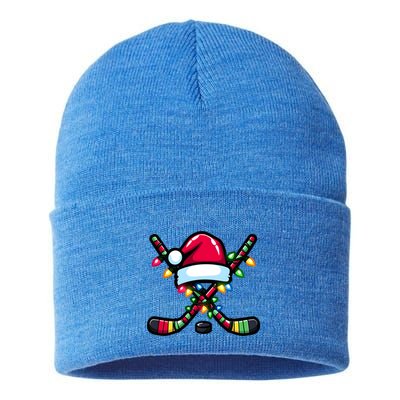 Christmas Hockey Sticks Santa Hat And Xmas Lights Pajama Cool Gift Sustainable Knit Beanie