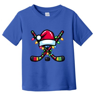 Christmas Hockey Sticks Santa Hat And Xmas Lights Pajama Cool Gift Toddler T-Shirt