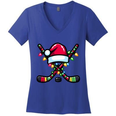 Christmas Hockey Sticks Santa Hat And Xmas Lights Pajama Cool Gift Women's V-Neck T-Shirt
