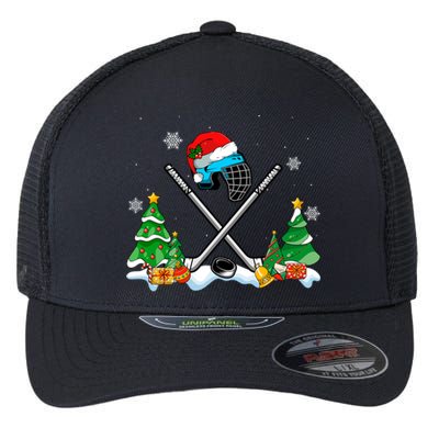 Cool Hockey Santa Hat Christmas Tree Hockey Lover Cute Gift Flexfit Unipanel Trucker Cap