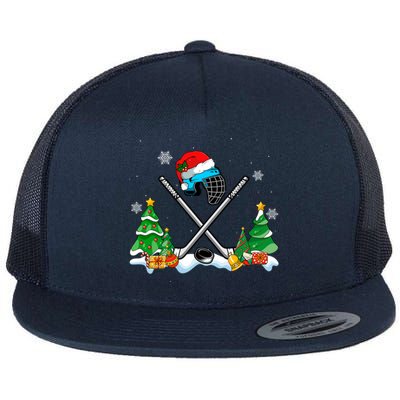 Cool Hockey Santa Hat Christmas Tree Hockey Lover Cute Gift Flat Bill Trucker Hat