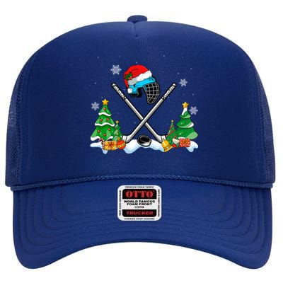 Cool Hockey Santa Hat Christmas Tree Hockey Lover Cute Gift High Crown Mesh Back Trucker Hat