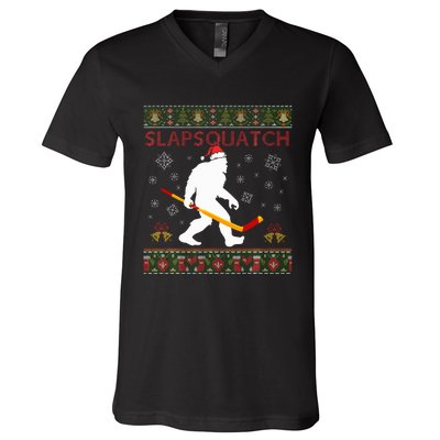 Christmas Hockey Sasquatch Slapsquatch Bigfoot V-Neck T-Shirt