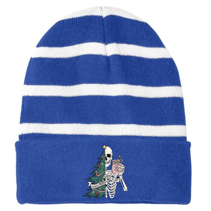 Christmas Horror Skeleton Sorta Merry Scary Dark Humor Cool Gift Striped Beanie with Solid Band