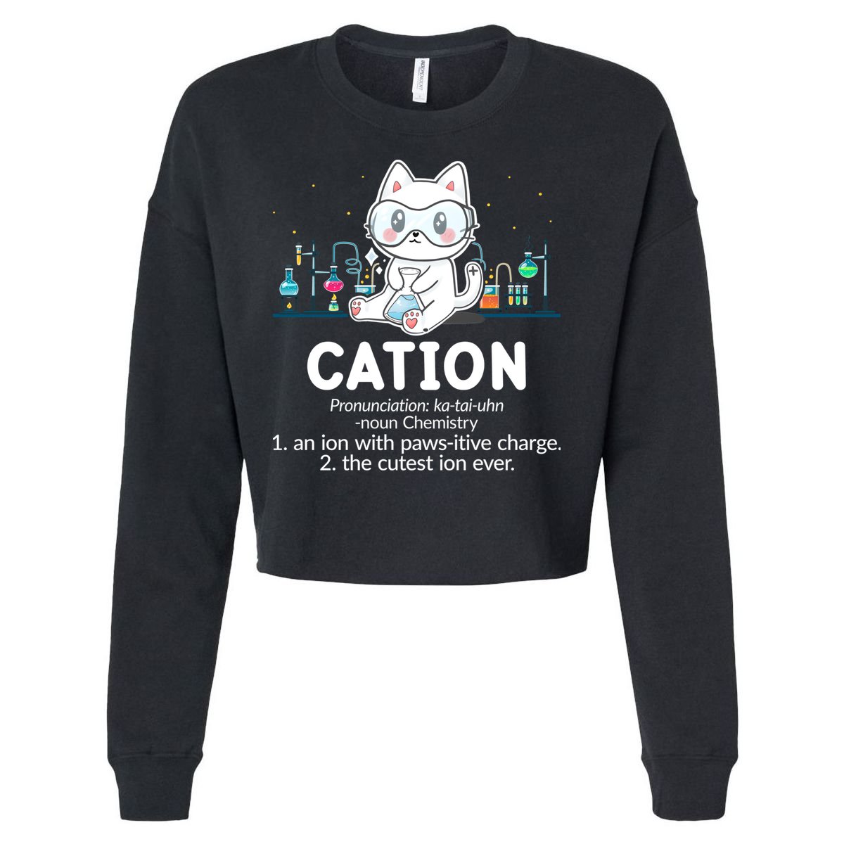 Chemistry Humor Science Teacher Cat Pun Cation Gift Cropped Pullover Crew