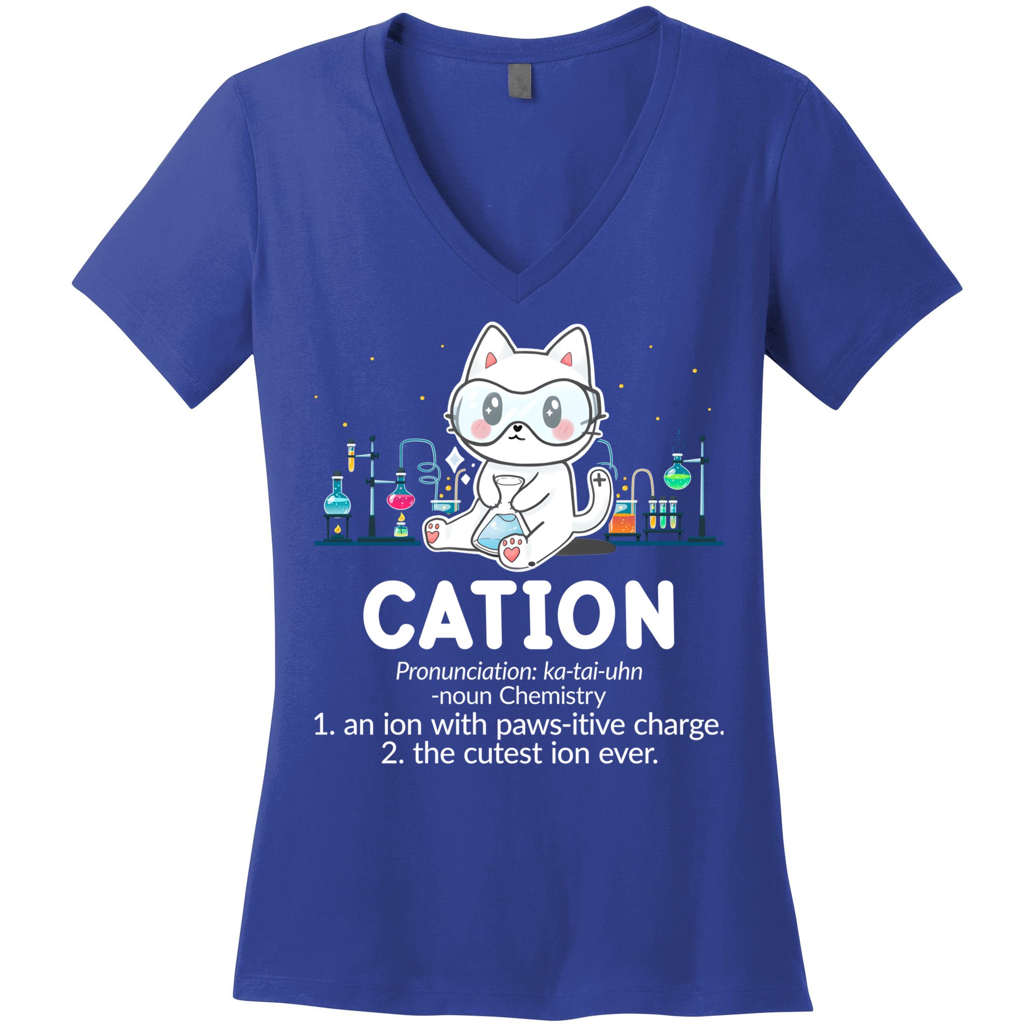 Chemistry Humor Science Teacher Cat Pun Cation Gift Women's V-Neck T-Shirt