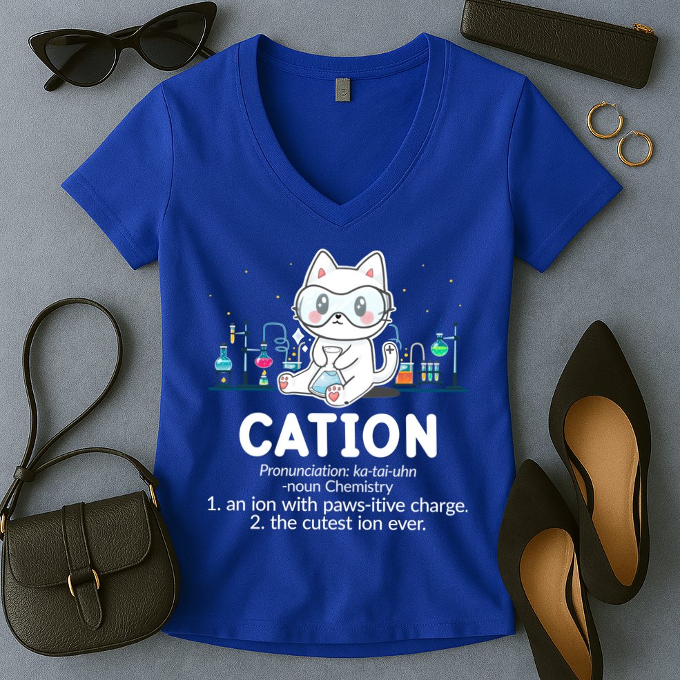 Chemistry Humor Science Teacher Cat Pun Cation Gift Women's V-Neck T-Shirt