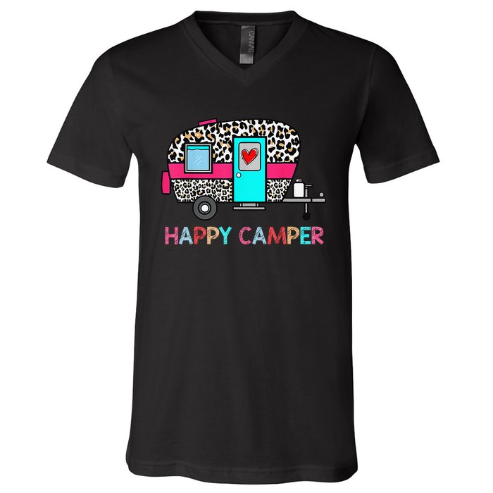 Camper Happy Summer Camp Camping Leopard Funny Glamping V-Neck T-Shirt