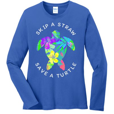 Cool Hawaiian Skip A Straw Save A Turtle Gift Ladies Long Sleeve Shirt