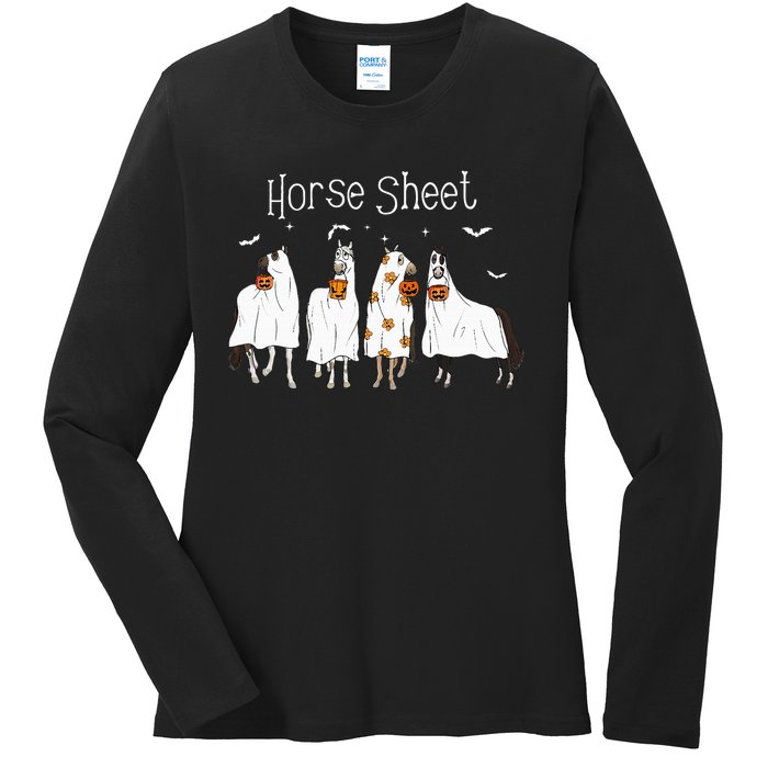 Cute Horse Sheet Spooky Season Ghost Horse Halloween Costume Ladies Long Sleeve Shirt