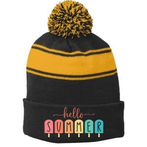 Colorful Hello Summer Popsicle Graphic Stripe Pom Pom Beanie