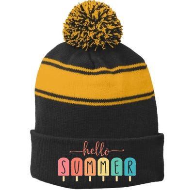 Colorful Hello Summer Popsicle Graphic Stripe Pom Pom Beanie
