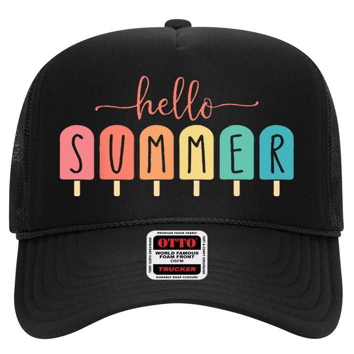 Colorful Hello Summer Popsicle Graphic High Crown Mesh Back Trucker Hat