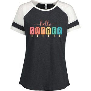 Colorful Hello Summer Popsicle Graphic Enza Ladies Jersey Colorblock Tee